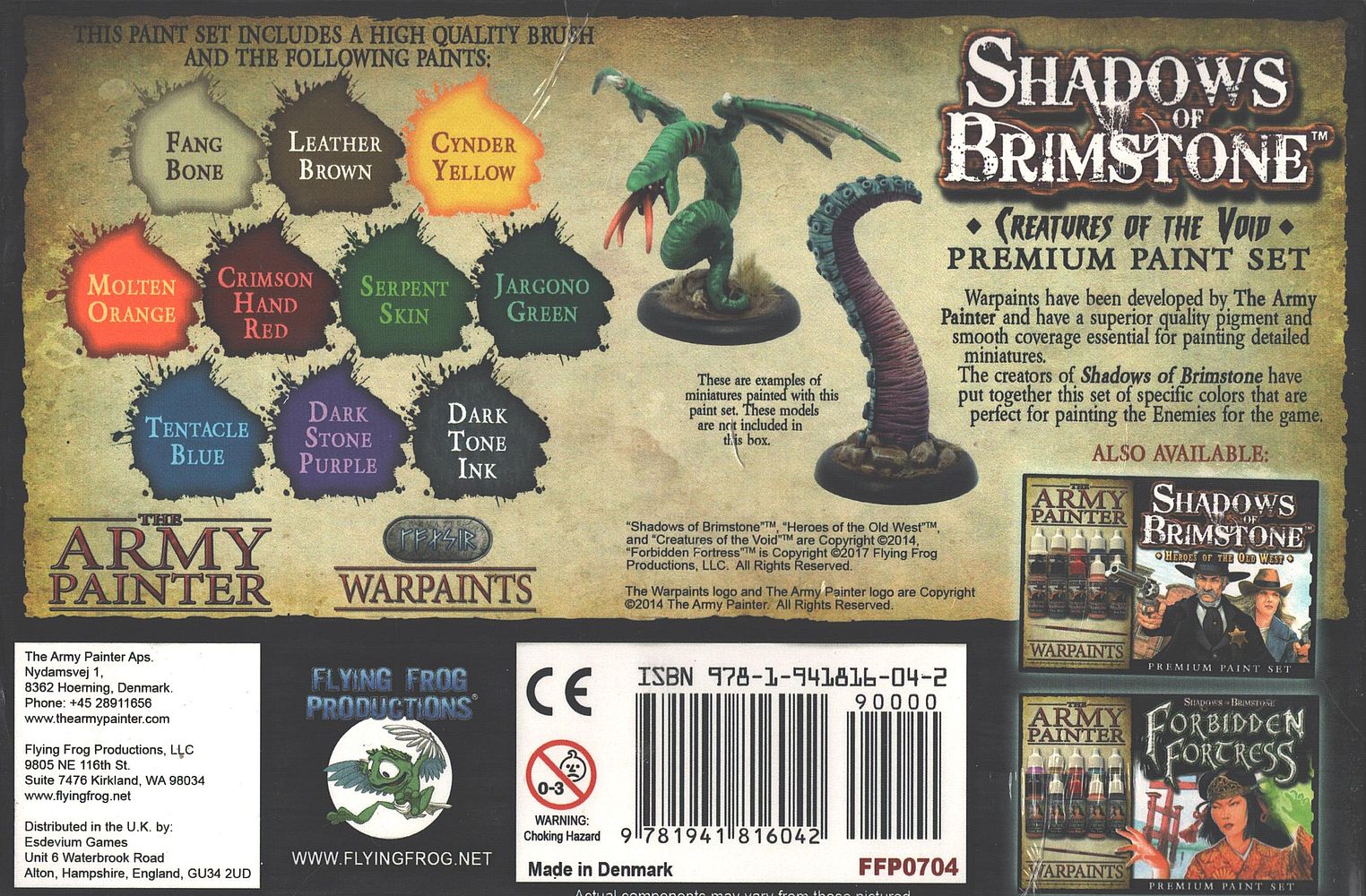 A Shadows of Brimstone Creatures of the Void paint set box displaying nine paint colours, two painted miniature figures, and images of other available paint sets