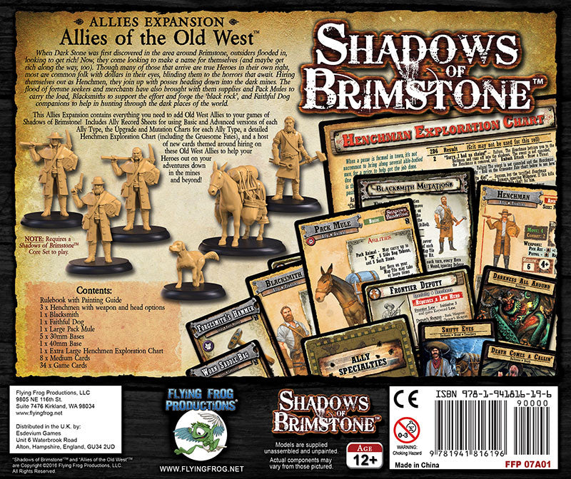 The back of the Shadows of Brimstone Allies of the Old West expansion box displaying miniatures, game cards, and an exploration chart