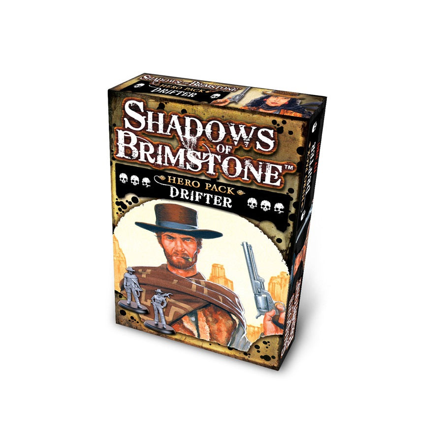Shadows of Brimstone Drifter Hero Pack box with a Western character holding a revolver, two grey miniatures, and a desert background