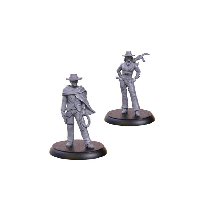 Two unpainted grey miniatures from the Shadows of Brimstone Drifter Hero Pack, a male figure with a whip and a female figure with a pistol