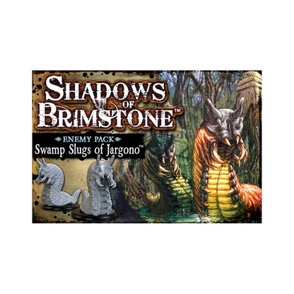 The Shadows of Brimstone Swamp Slugs of Jargono Enemy Pack box displays two grey slug miniatures and two painted slug monsters in a jungle swamp with ruins