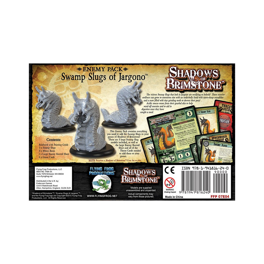 Three unpainted slug miniatures on bases and several game cards with slug art are displayed for the Swamp Slugs of Jargono Enemy Pack
