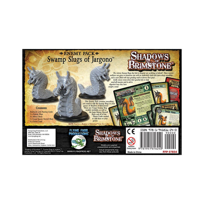 Three unpainted slug miniatures on bases and several game cards with slug art are displayed for the Swamp Slugs of Jargono Enemy Pack