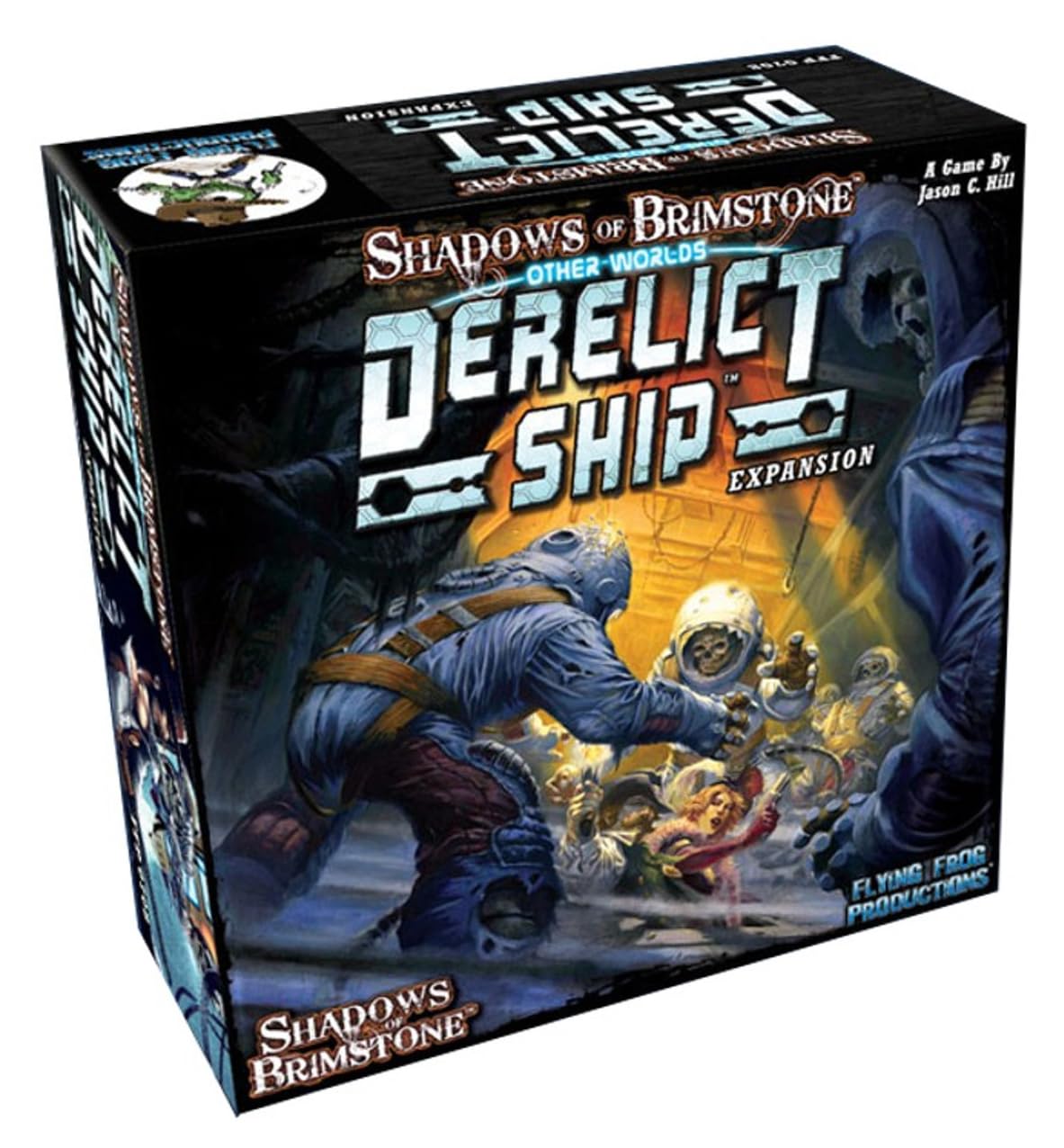 Shadows of Brimstone Other Worlds Derelict Ship expansion box with a sci-fi scene of characters battling creatures in a dark ship interior