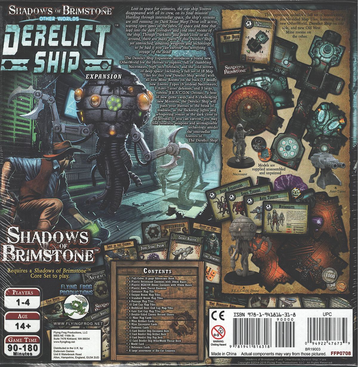 The Shadows of Brimstone Derelict Ship game box displays a character in a hat, a large menacing robot, and various game pieces including miniatures, tiles, and cards