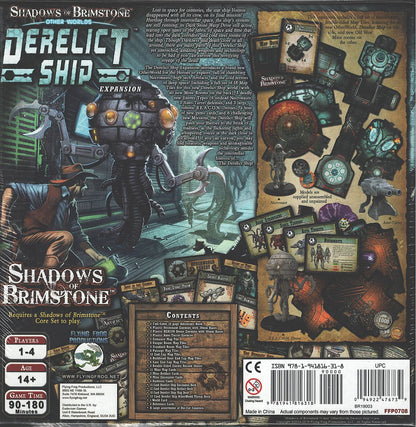 The Shadows of Brimstone Derelict Ship game box displays a character in a hat, a large menacing robot, and various game pieces including miniatures, tiles, and cards