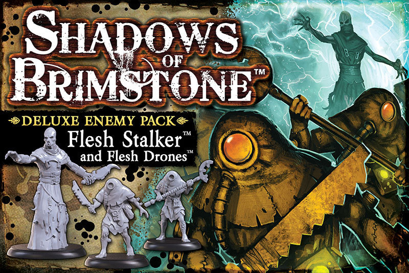 Shadows of Brimstone Flesh Stalker & Flesh Drones Deluxe Enemy Pack box art showing grey miniatures, a shadowy background figure, and two large mechanical creatures with saw weapons