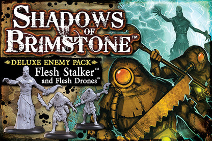 Shadows of Brimstone Flesh Stalker & Flesh Drones Deluxe Enemy Pack box art showing grey miniatures, a shadowy background figure, and two large mechanical creatures with saw weapons