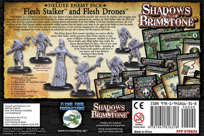 Back of the Shadows of Brimstone Flesh Stalker & Flesh Drones Deluxe Enemy Pack box showing unpainted miniatures and various game cards