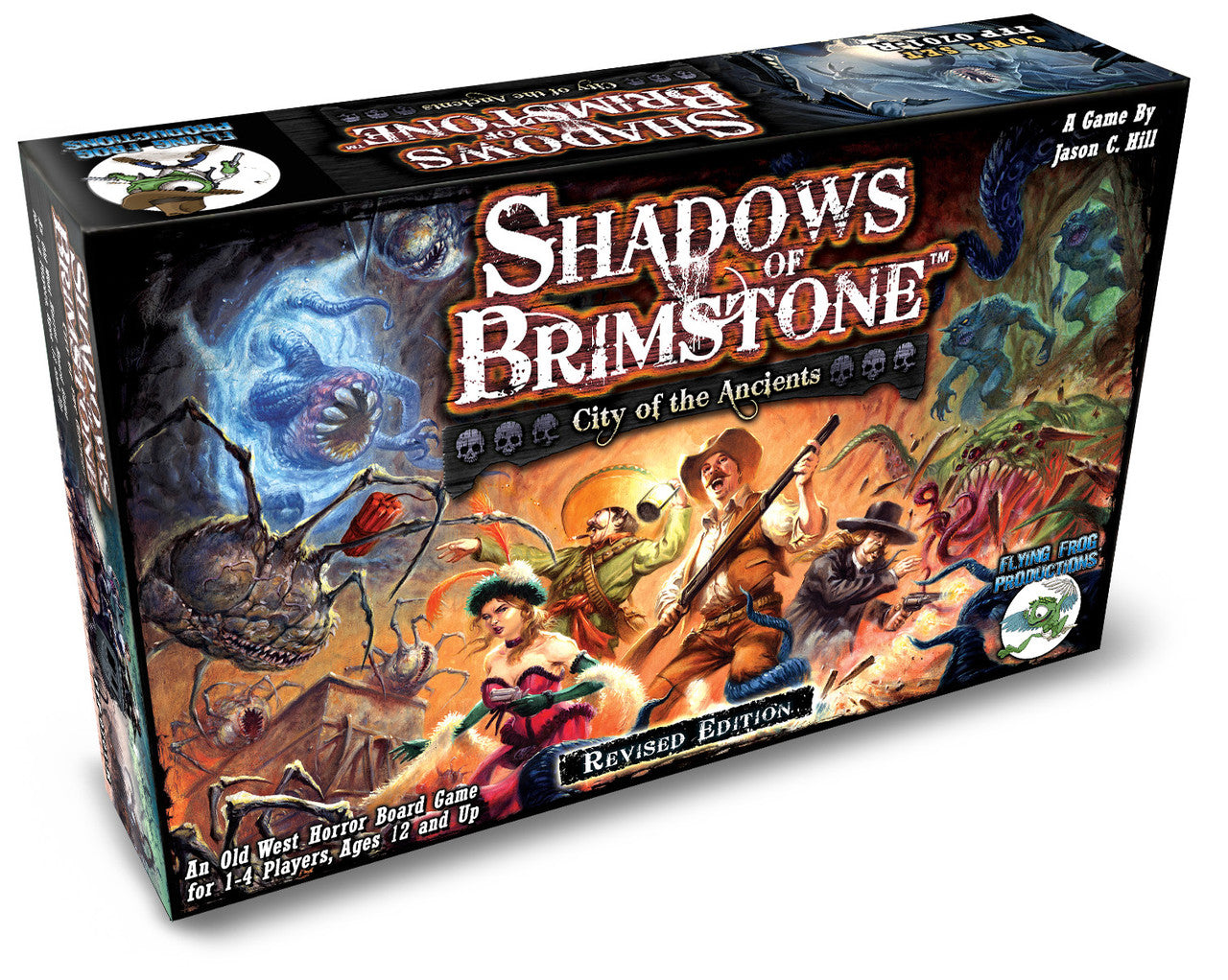 Shadows of Brimstone City of the Ancients board game box features a dark fantasy illustration of adventurers battling various monsters in an Old West setting