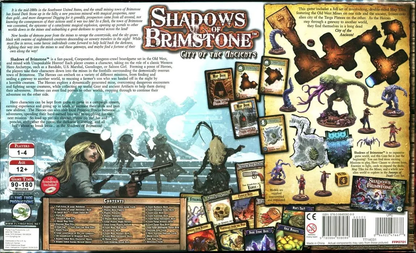 The back of the Shadows of Brimstone City of the Ancients game box features descriptive text, modular map tiles, miniature figures, and game cards