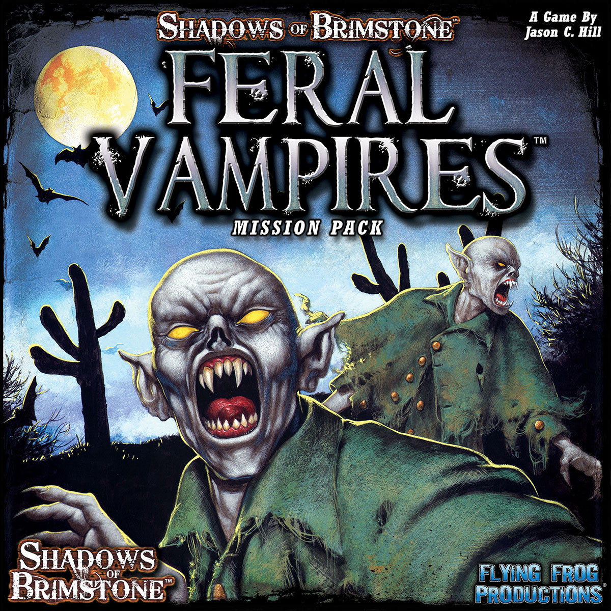 Shadows of Brimstone Feral Vampires Mission Pack box art shows two snarling vampires with glowing yellow eyes and sharp teeth under a full moon with bats and cacti