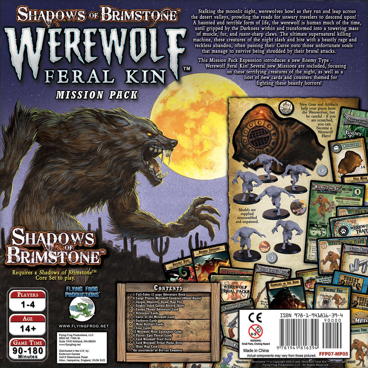 The Shadows of Brimstone Werewolf Feral Kin Mission Pack box shows a snarling werewolf under a full moon, with game miniatures and cards displayed