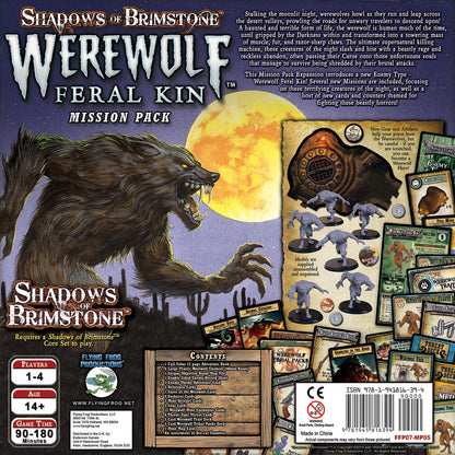 The Shadows of Brimstone Werewolf Feral Kin Mission Pack box shows a snarling werewolf under a full moon, with game miniatures and cards displayed