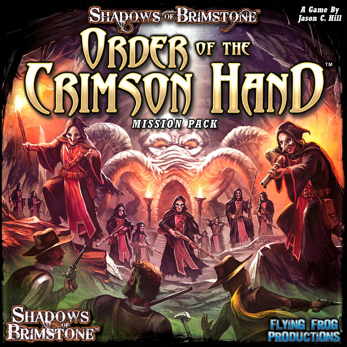 Shadows of Brimstone Order of the Crimson Hand Mission Pack box shows two heroes battling masked cultists in a cavern with a large horned monster carving