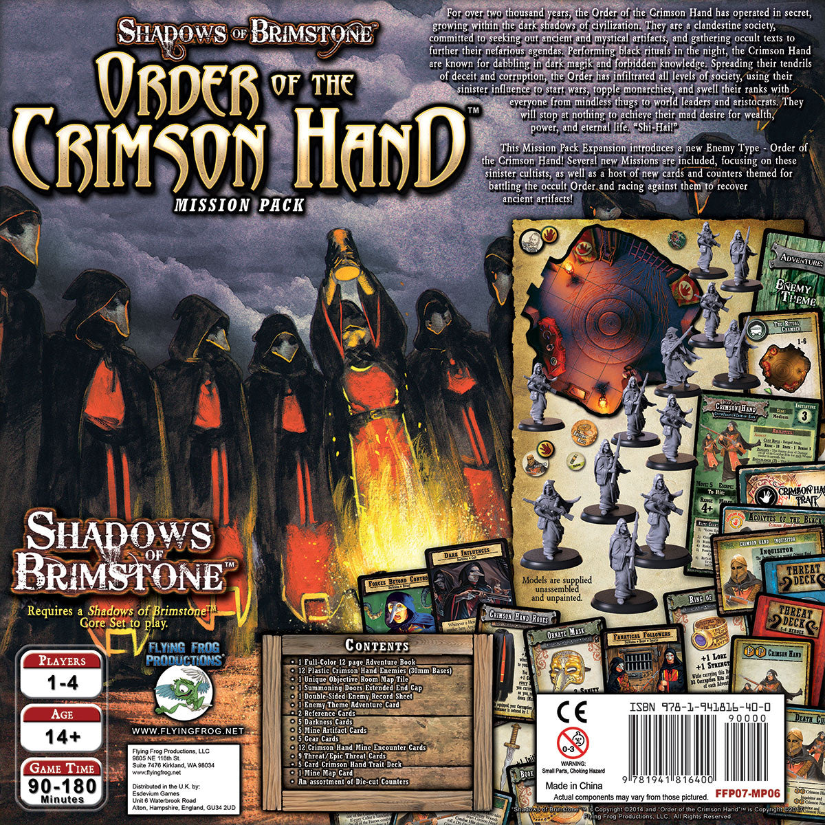 Back of the Shadows of Brimstone Order of the Crimson Hand Mission Pack box displaying robed figures, game miniatures, cards, a map tile, and a list of included items