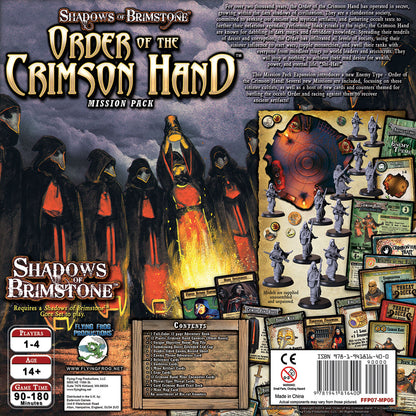 Back of the Shadows of Brimstone Order of the Crimson Hand Mission Pack box displaying robed figures, game miniatures, cards, a map tile, and a list of included items