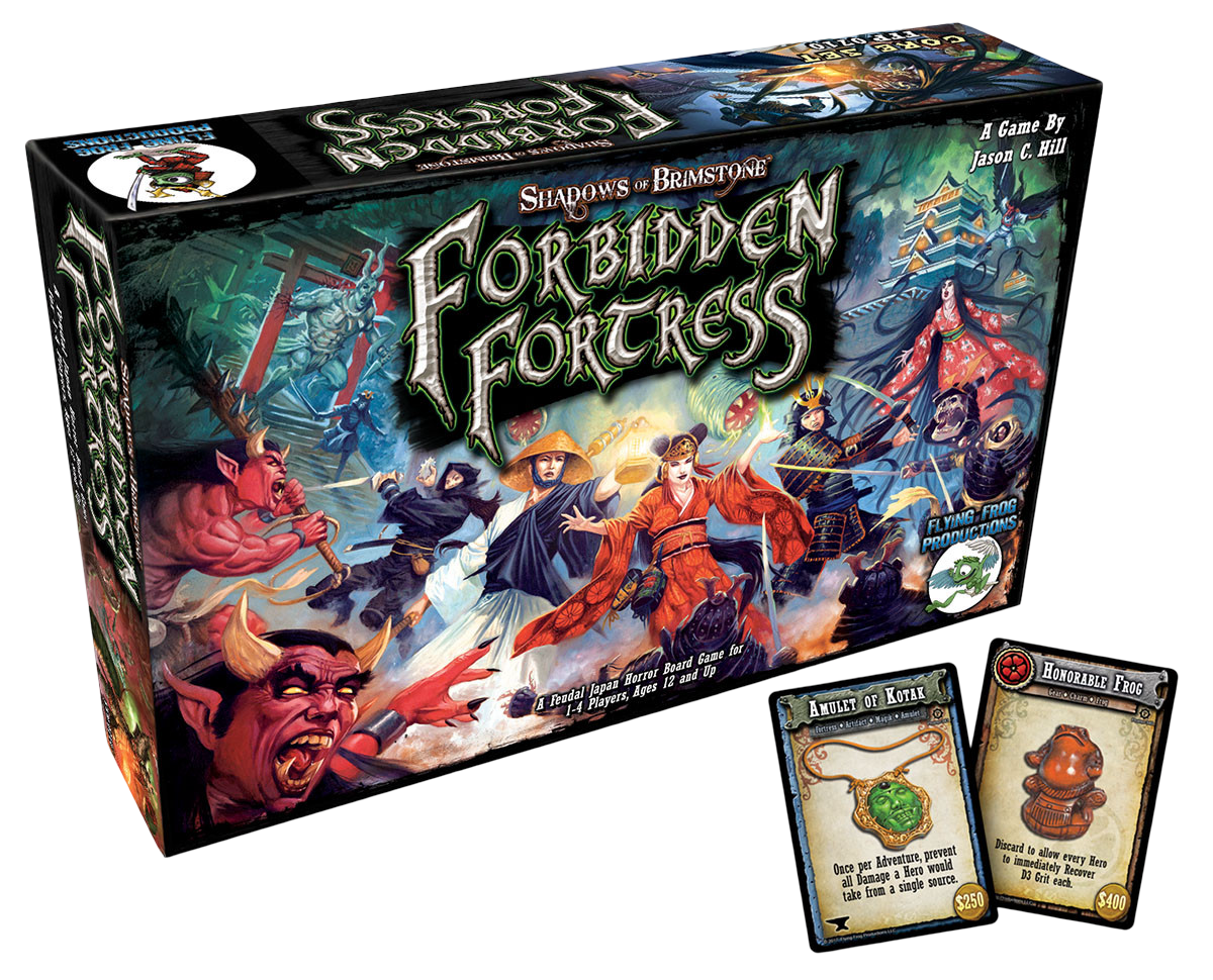 The Shadows of Brimstone Forbidden Fortress Core Set game box features fantasy warriors and demons battling, with two game cards beside it
