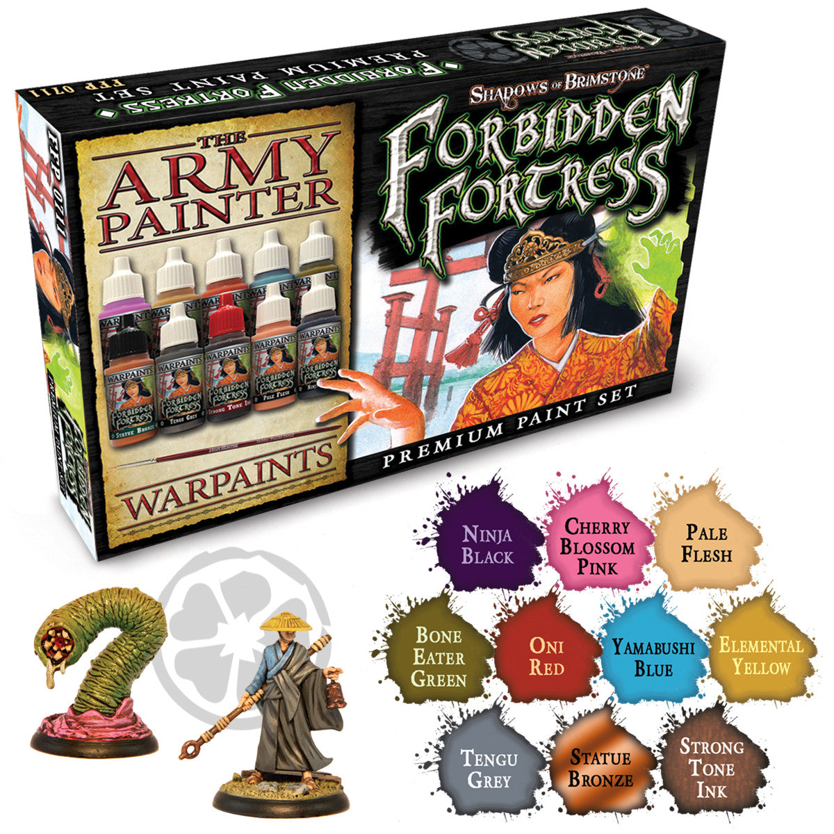 Flying Frog Shadows of Brimstone Forbidden Fortress Paint Set box shows a warrior, paint bottles, a brush, two miniatures, and ten labeled paint splatters