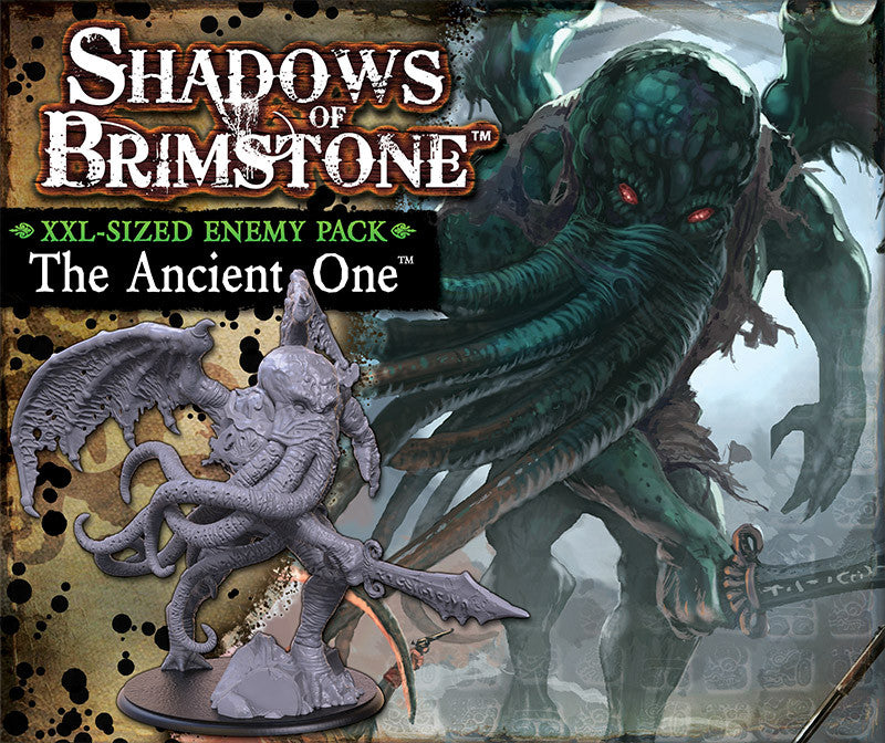 A Shadows of Brimstone The Ancient One XXL-Sized Enemy Pack box art showing a green tentacled creature and a grey miniature monster with wings