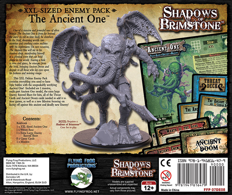 The image shows the Shadows of Brimstone The Ancient One Deluxe XXL-Sized Enemy Pack with a large grey tentacled monster miniature and game cards