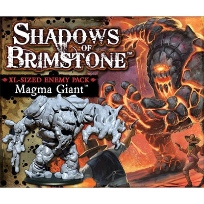 A product box for Shadows of Brimstone Magma Giant XL-Sized Enemy Pack features an unpainted miniature and an illustration of a glowing magma giant fighting cowboys