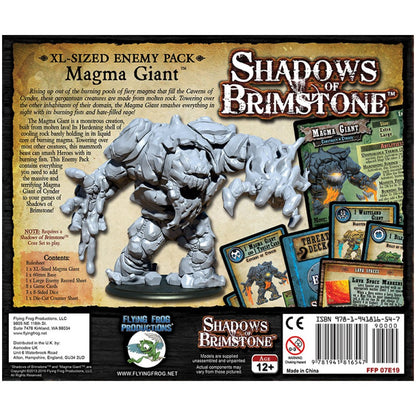 The Shadows of Brimstone Magma Giant XL-Sized Enemy Pack displays a large grey rock monster miniature, several game cards, and product details on its box