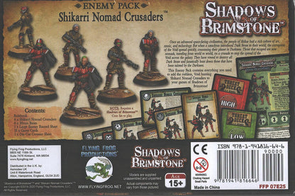 The Shadows of Brimstone Shikarri Nomad Crusaders Enemy Pack box displays multiple armed futuristic miniatures in red and brown armor, along with various game cards and a barcode