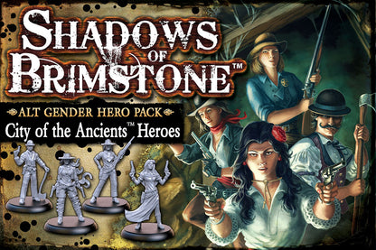 Shadows of Brimstone Alt Gender Hero Pack artwork depicts four Western-themed heroes with weapons alongside four unpainted plastic miniatures of the same characters