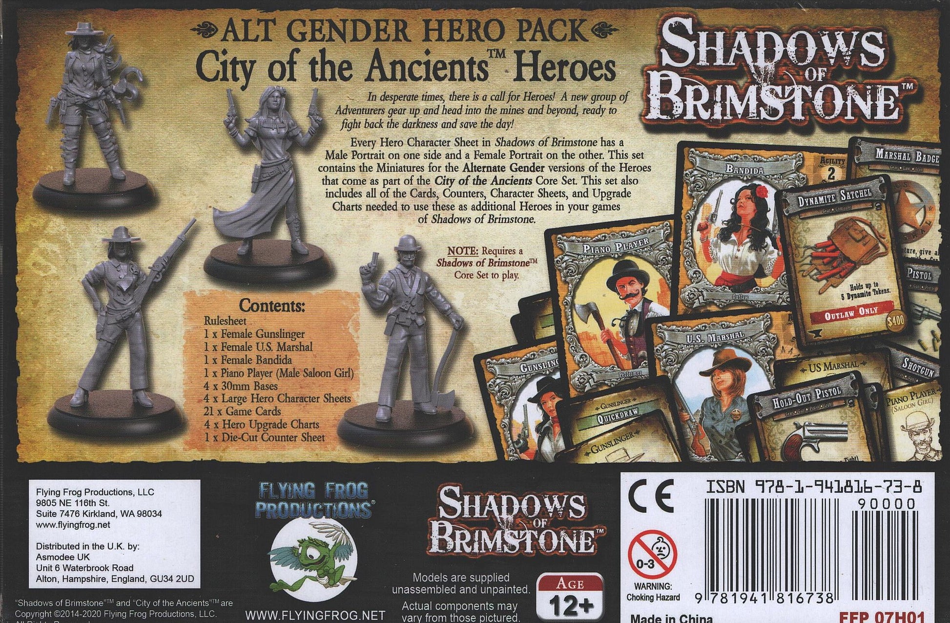 A game pack for Shadows of Brimstone City of the Ancients Alt Gender Heroes showing unpainted miniatures and various character and item cards