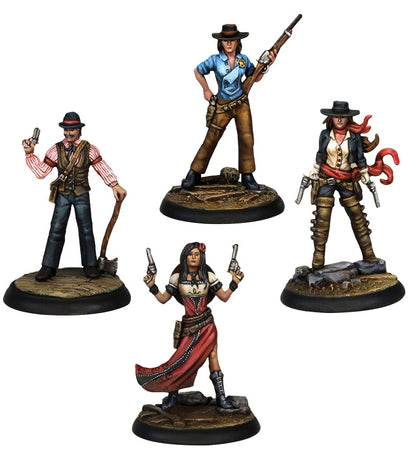 Four Shadows of Brimstone Alt Gender Hero Pack miniature figures show one man with a gun and axe and three women with firearms in detailed Western clothing