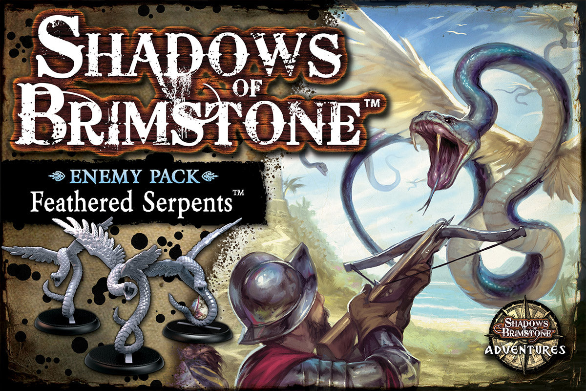 Box art for Shadows of Brimstone - Feathered Serpents Enemy Pack showing a conquistador aiming a crossbow at a large feathered serpent, with miniatures in the foreground
