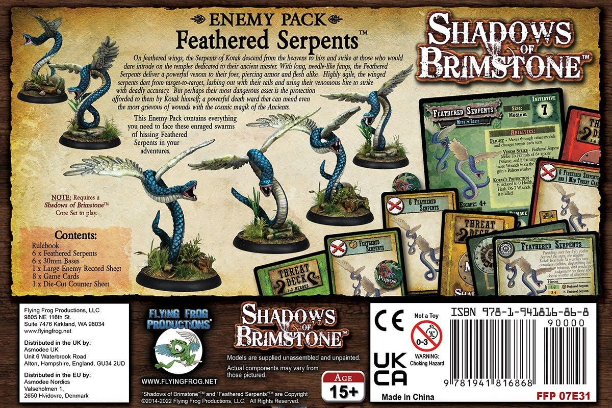 The Shadows of Brimstone Feathered Serpents Enemy Pack shows blue winged serpent miniatures, game cards, and informational text on its packaging
