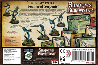 The Shadows of Brimstone Feathered Serpents Enemy Pack shows blue winged serpent miniatures, game cards, and informational text on its packaging