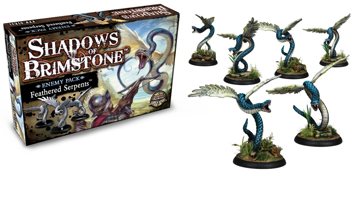 Shadows of Brimstone Feathered Serpents Enemy Pack box beside five painted blue and white feathered serpent miniatures on scenic bases