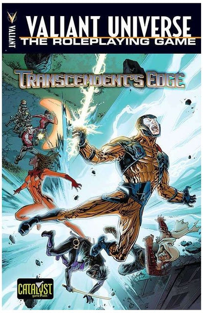 Valiant Universe The Roleplaying Game Transcendent's Edge cover showing heroes fighting villains and an explosion of energy
