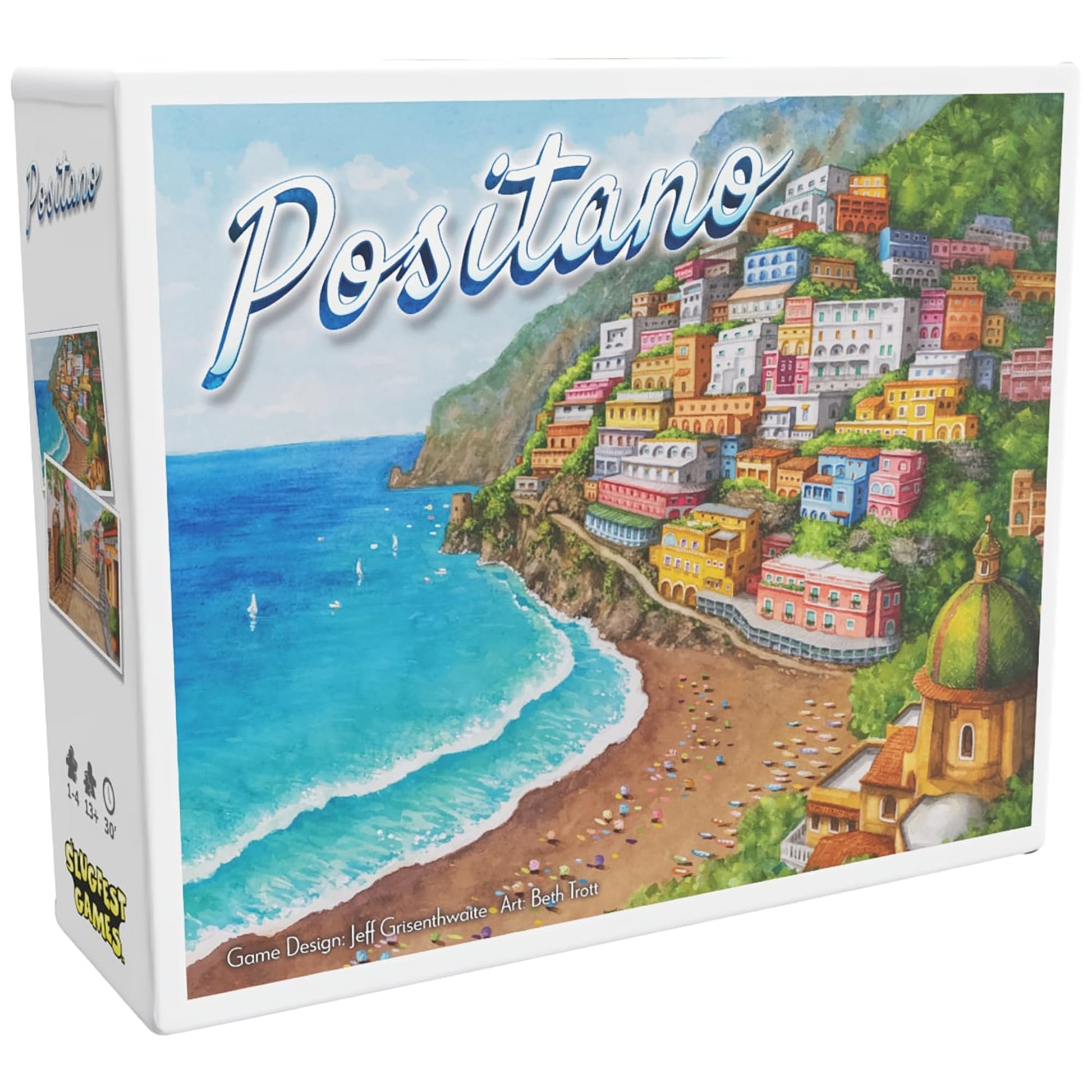 The Positano board game box showcases a vibrant watercolor illustration of the Italian cliffside village overlooking a sunny beach and turquoise sea