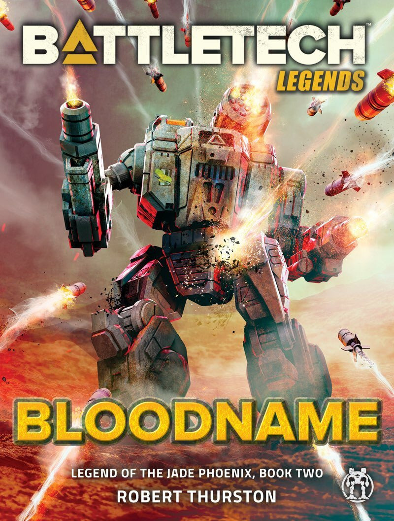 BattleTech Legends Bloodname book cover featuring a large battlemech with explosions and missiles around it