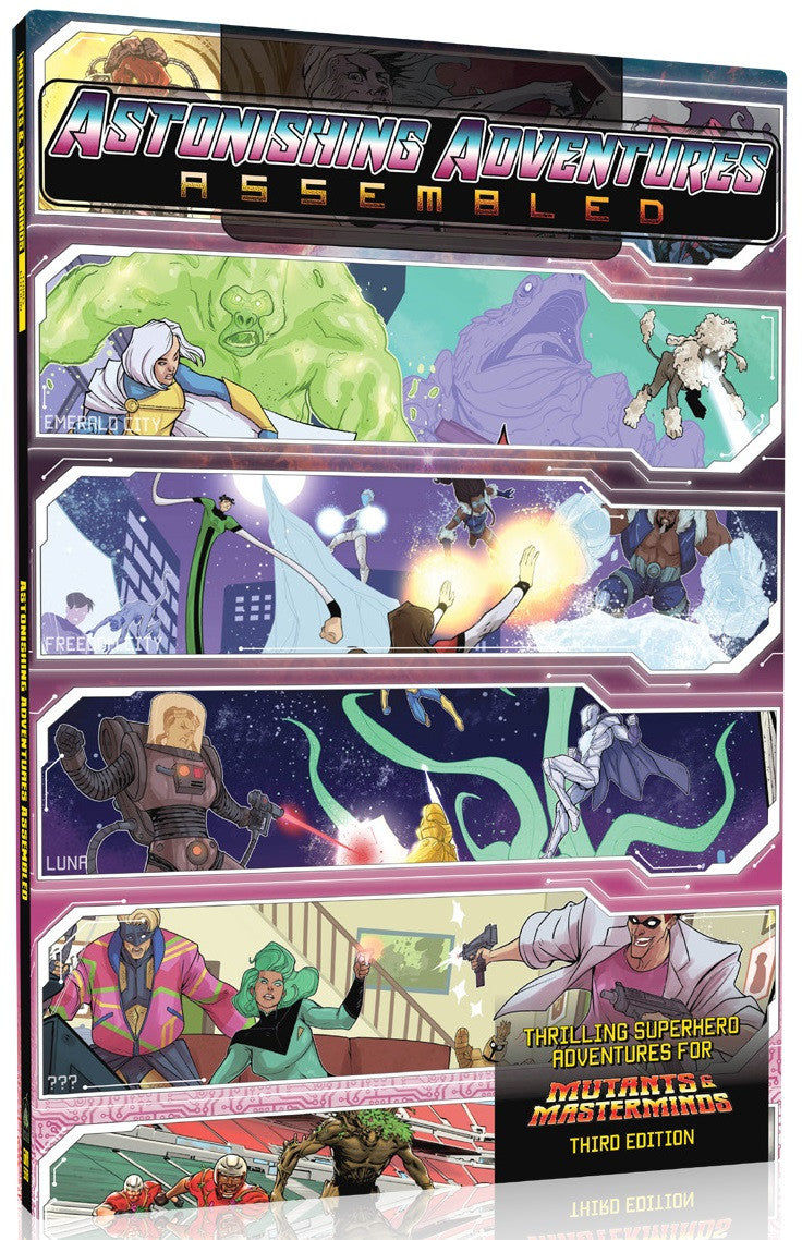 Astonishing Adventures Assembled tabletop roleplaying game book cover with colorful comic panels of superheroes in action