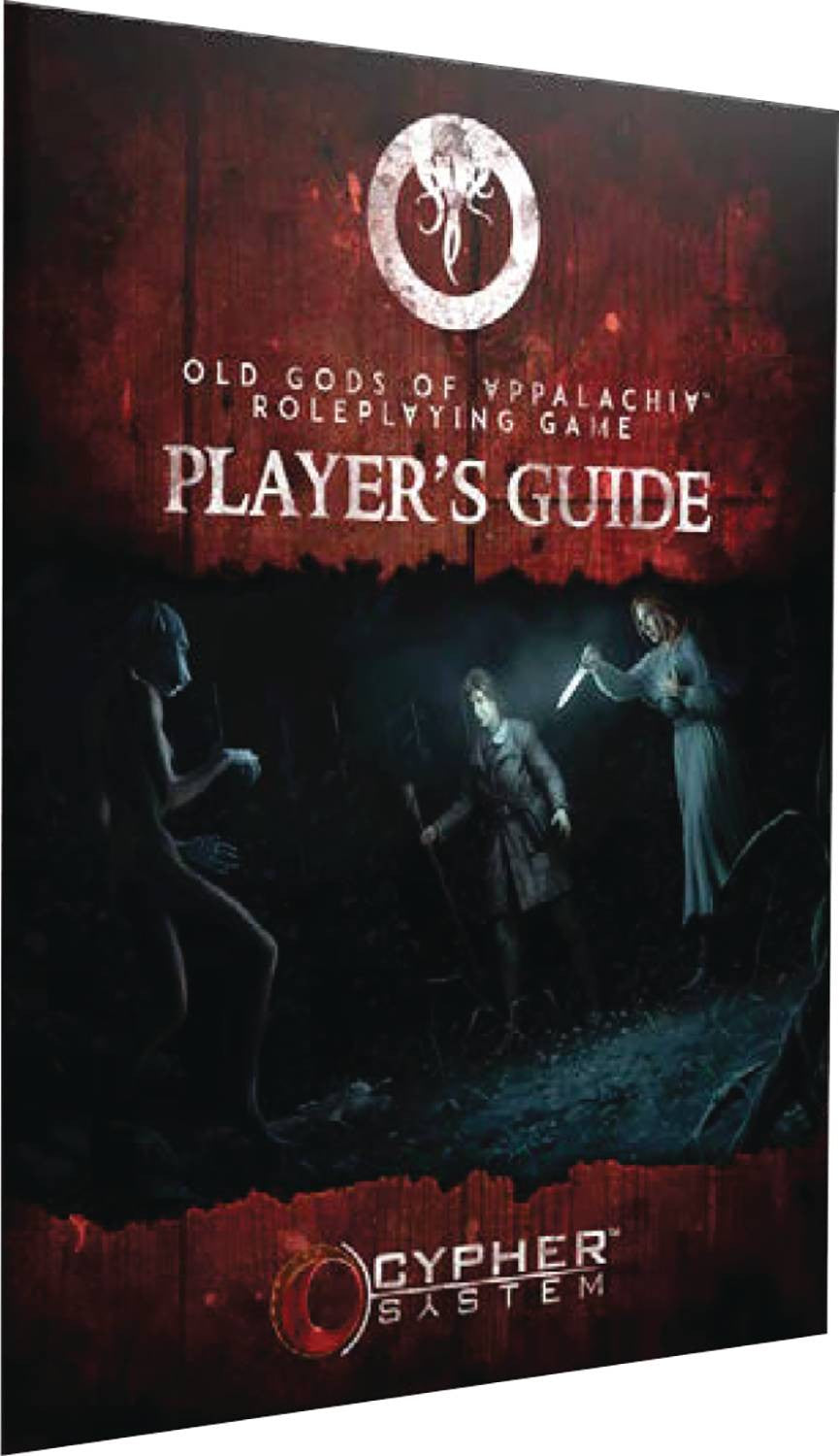 Guide book featuring a rustic dark wood background and a creepy forest scene with three characters and a Cypher System logo