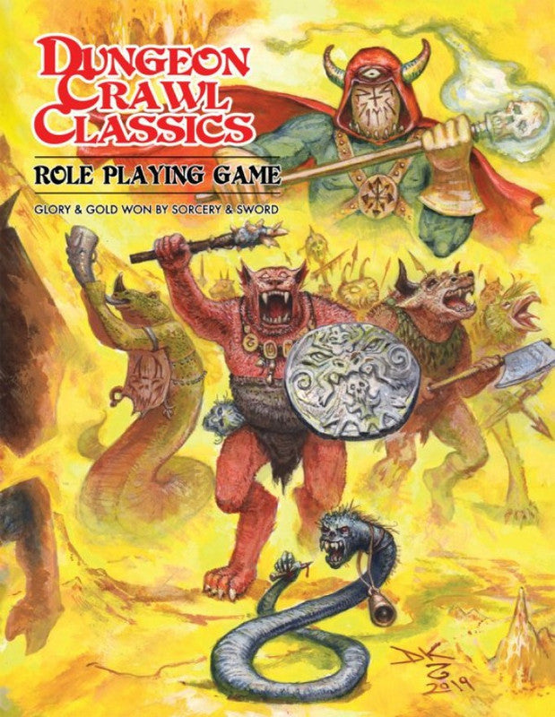Dungeon Crawl Classics RPG cover art: A one-eyed wizard, a red ogre with a shield, a snake-creature, and other monsters engaged in battle amidst a fiery, chaotic dungeon