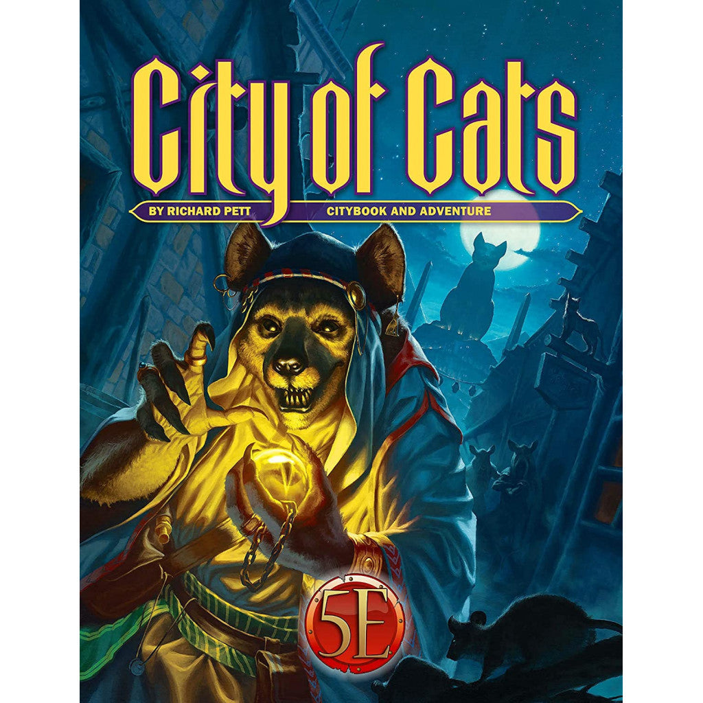 The City of Cats sourcebook cover shows a hooded, fanged creature holding a glowing orb in a dark, moonlit city with cat silhouettes