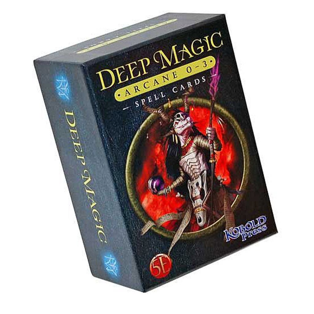 A dark box for Deep Magic Arcane 0-3 Spell Cards shows a horned skeletal figure with a staff and orb on a fiery red background, with a 5E symbol