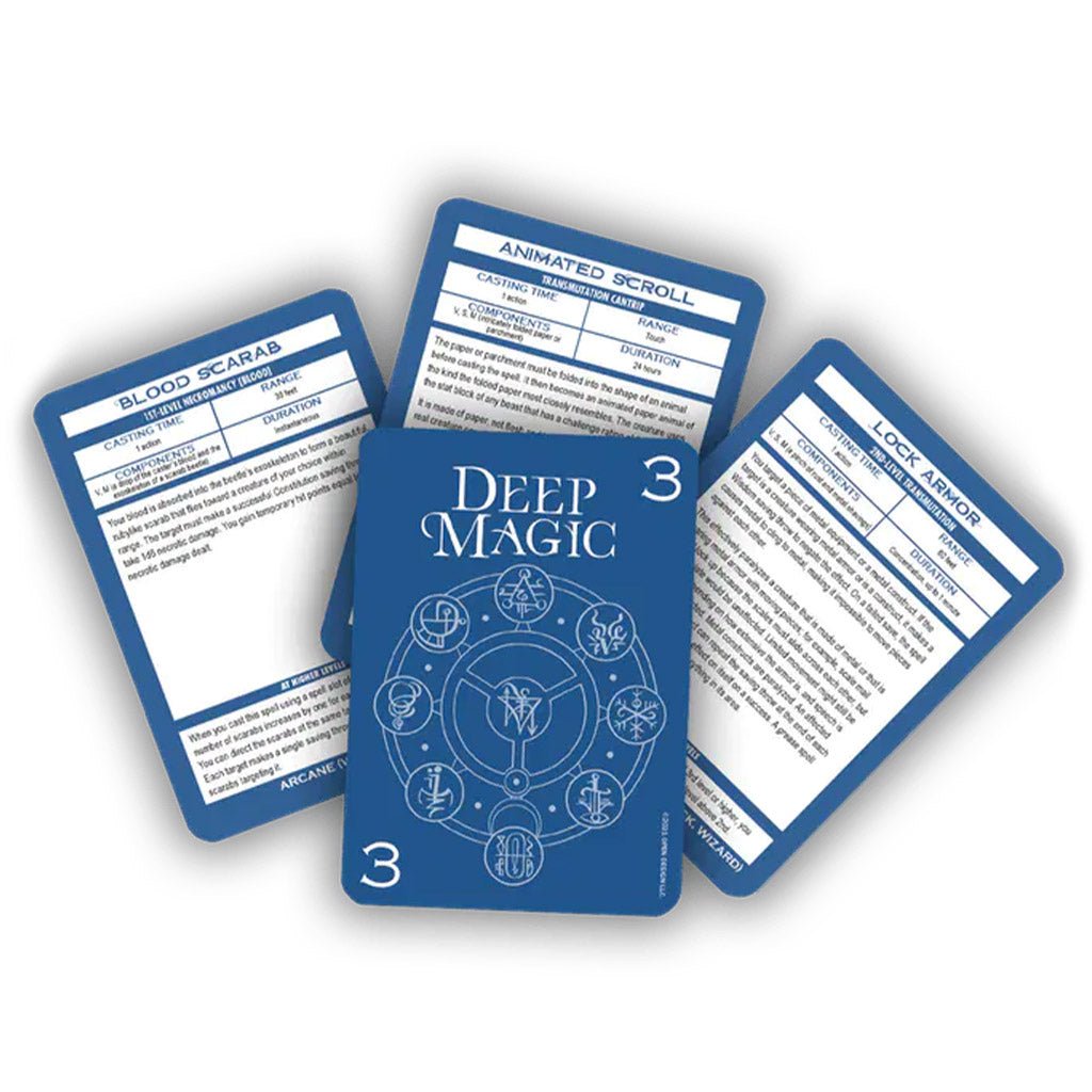 A stack of Kobold Press Deep Magic Arcane 0-3 Spell Cards, fanned out to show a blue Deep Magic 3 card in front of three other spell cards