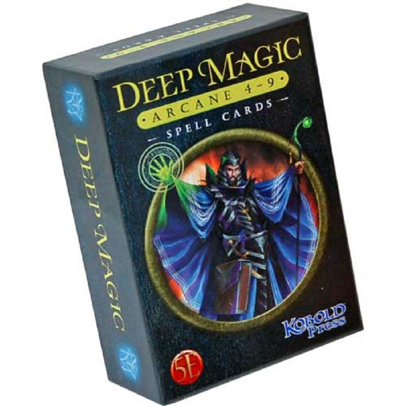 A tilted Deep Magic Arcane 4-9 Spell Cards box featuring a wizard in a blue robe casting magic, surrounded by a gold ring and marked 5E