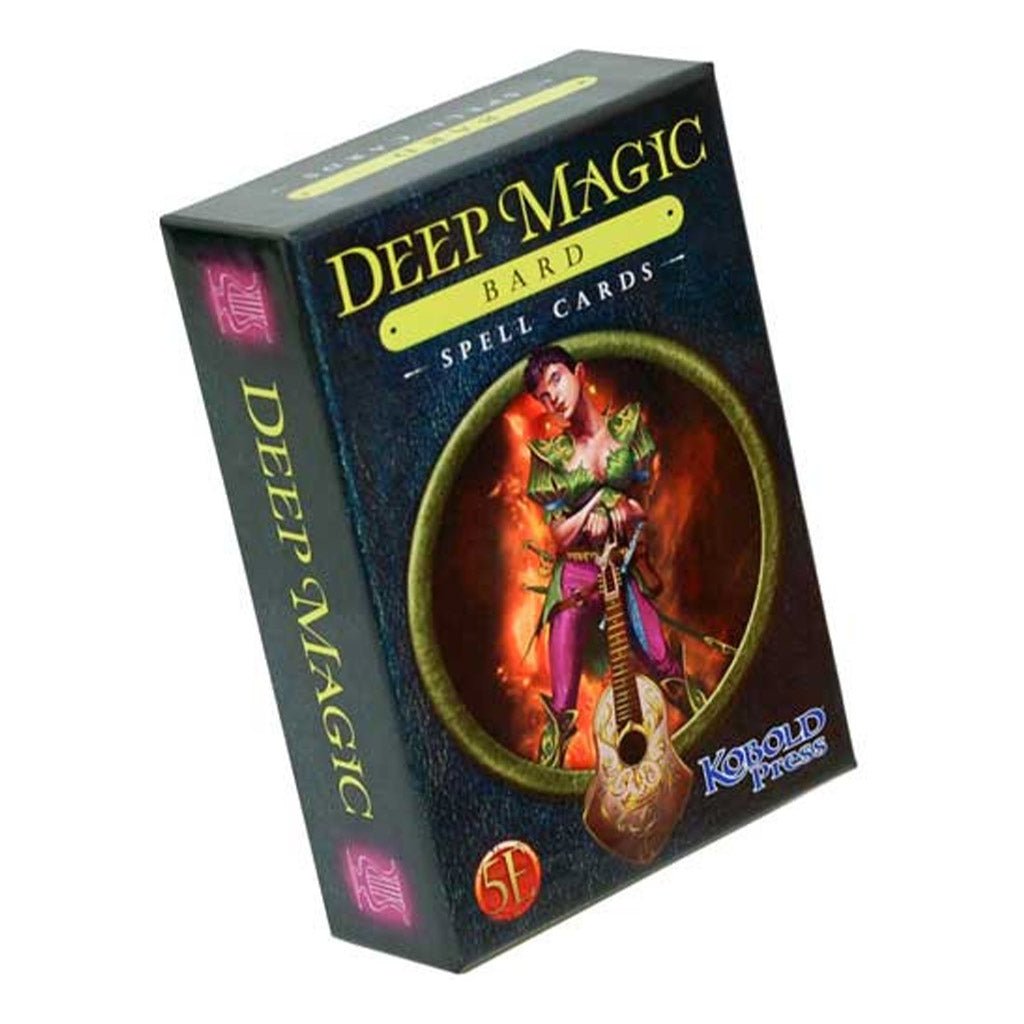 A tilted box for Deep Magic Bard Spell Cards features an illustration of a female bard holding a lute in a circular frame