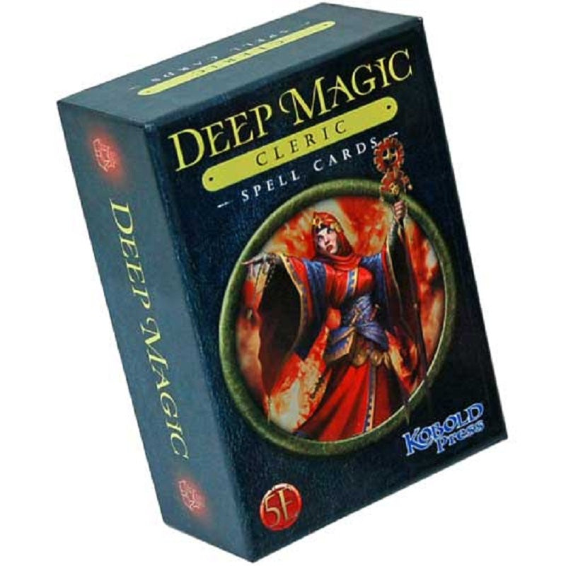A dark blue box for Deep Magic Cleric Spell Cards displays a robed figure holding a staff within a circular frame