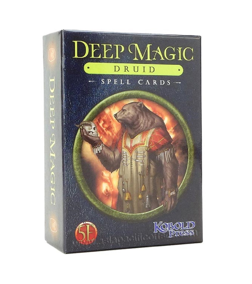 Deep Magic Druid Spell Cards box shows a bear druid holding a skull against a fiery background, with 5E text