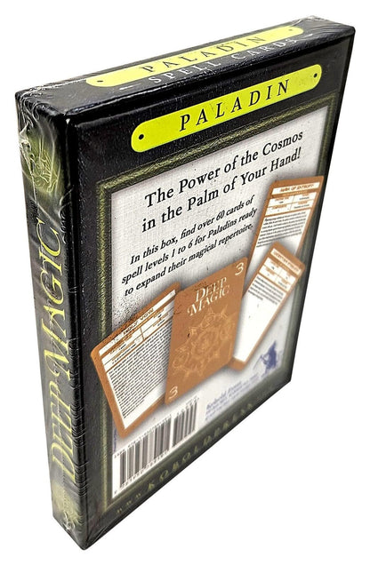 A black shrink-wrapped box of Deep Magic Paladin Spell Cards angled right, featuring title text, product description, and sample cards