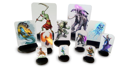 A collection of Kobold Press Tome of Beasts-3 Pawns features various fantasy creature standees including a dragon zombie and fairy standing in black bases on a white background